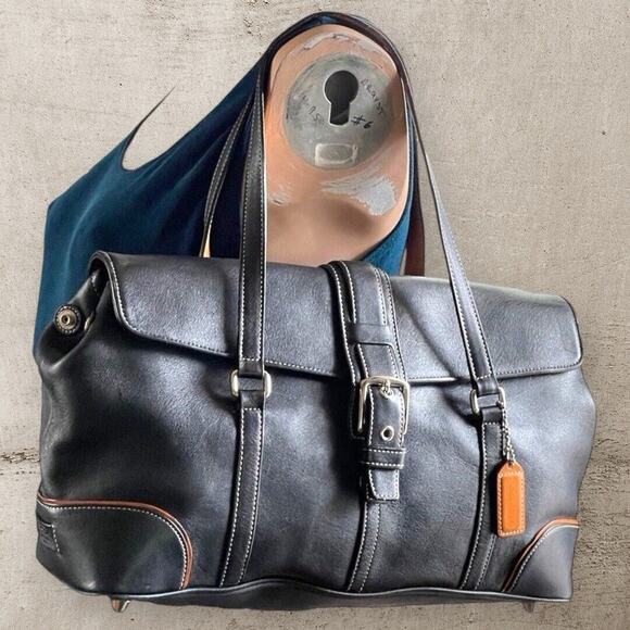 Coach Handbags - Vintage COACH Hampton 9268 Black Leather Tan Trim Carryall Satchel Y2k